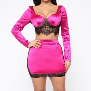 Hot Pink Satin Two-Piece Set with Lace Detail
